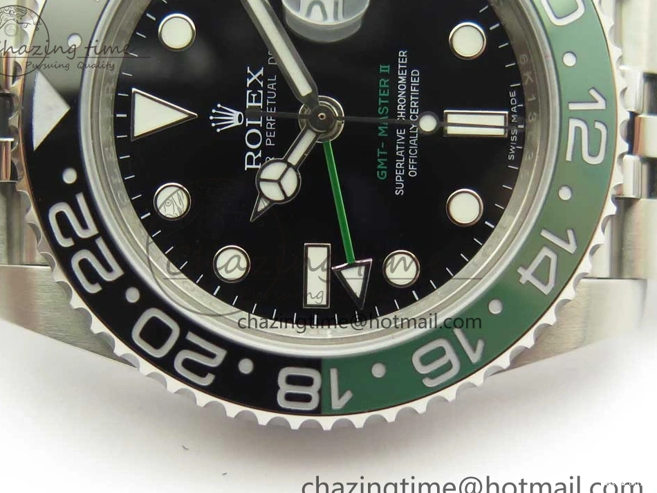 0201 UrbanChic GMT-Master II 126710 BLRO BPF Black Green Ceramic Bezel SS Black Dial on SS Jubilee Bracelet A 3347